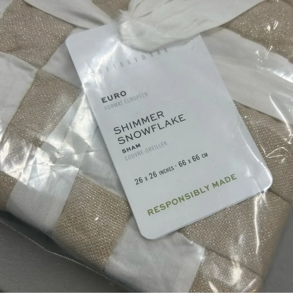 3 Pottery Barn Shimmer Snowflake Quilted EURO Pillow Sham Covers Cream White NWT